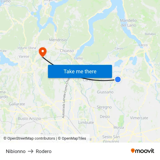 Nibionno to Rodero map