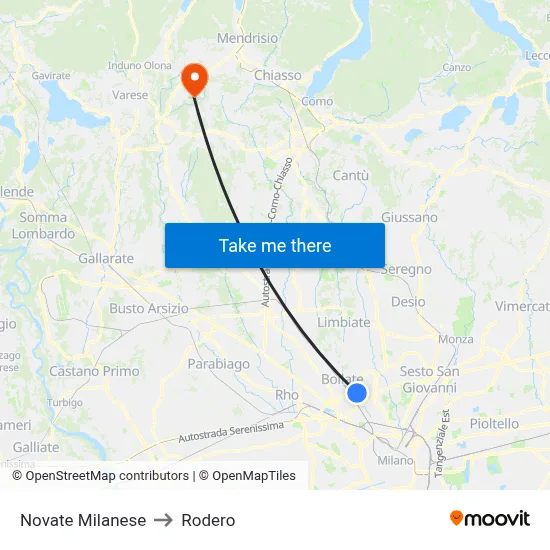 Novate Milanese to Rodero map