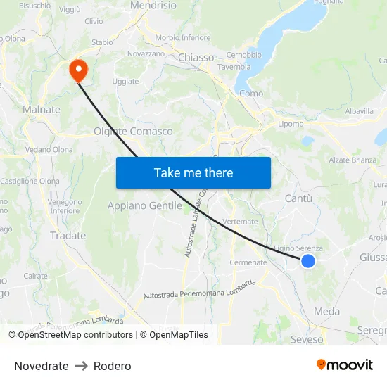 Novedrate to Rodero map