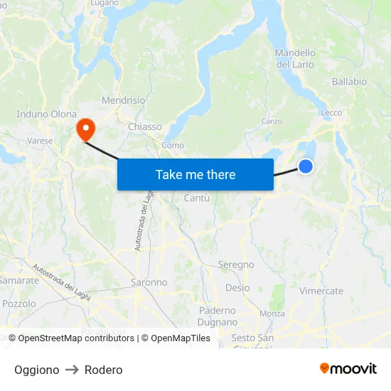 Oggiono to Rodero map
