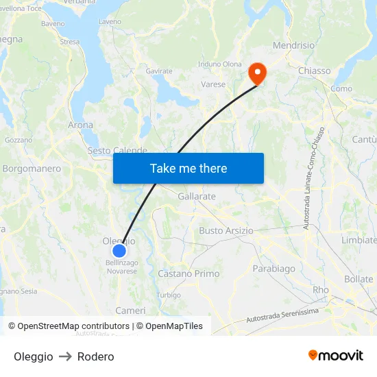 Oleggio to Rodero map