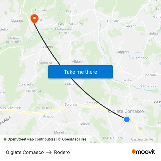 Olgiate Comasco to Rodero map