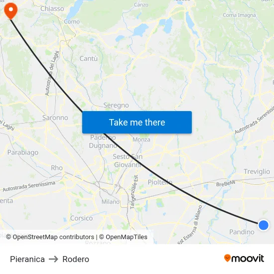Pieranica to Rodero map