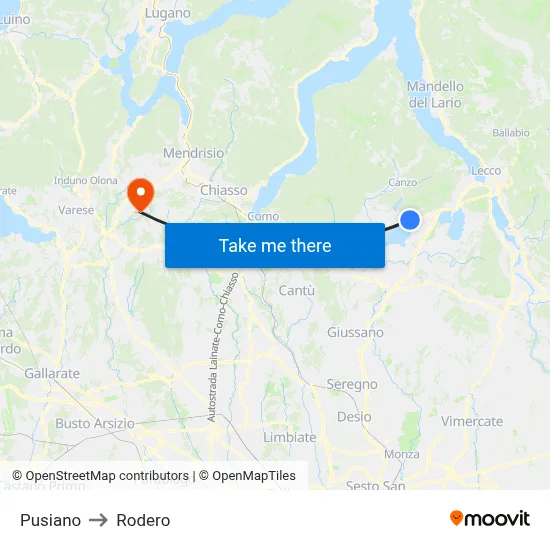 Pusiano to Rodero map