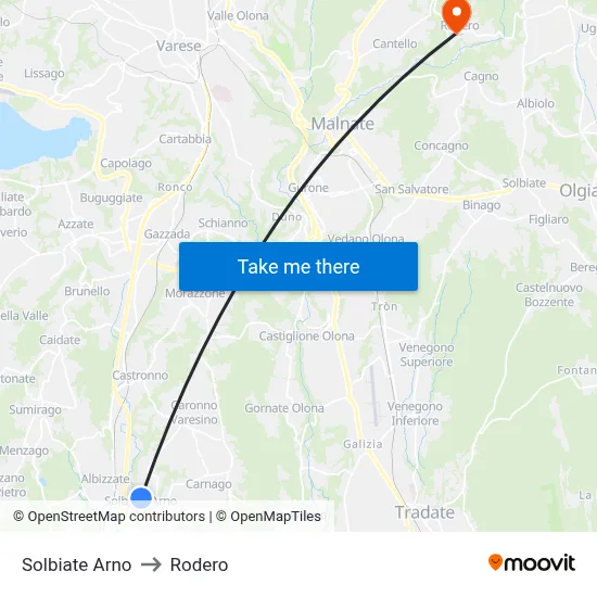 Solbiate Arno to Rodero map
