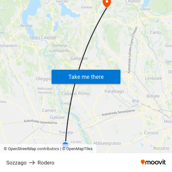 Sozzago to Rodero map