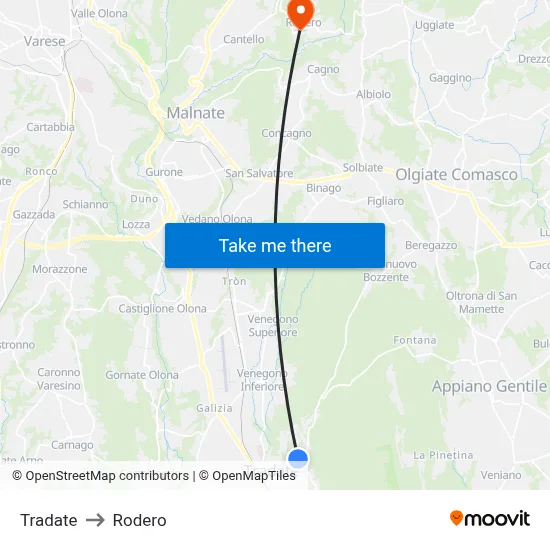 Tradate to Rodero map