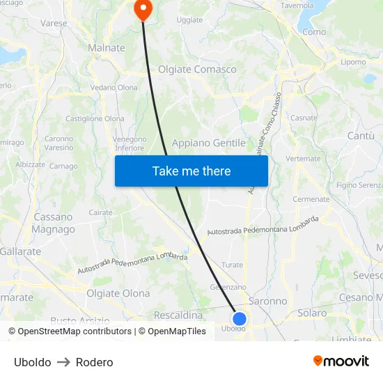 Uboldo to Rodero map