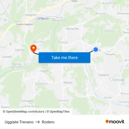 Uggiate-Trevano to Rodero map
