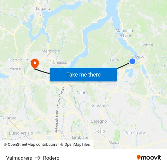 Valmadrera to Rodero map