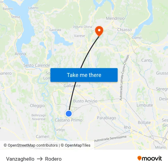 Vanzaghello to Rodero map