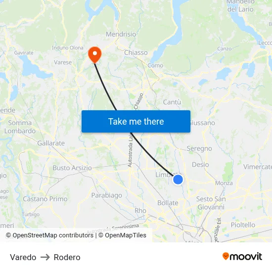 Varedo to Rodero map