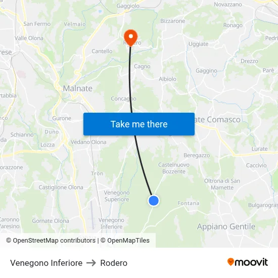 Venegono Inferiore to Rodero map
