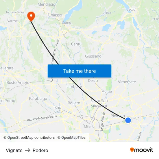 Vignate to Rodero map