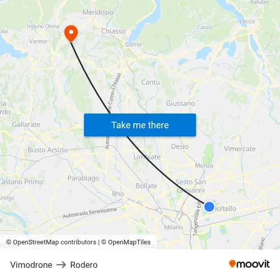 Vimodrone to Rodero map
