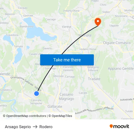 Arsago Seprio to Rodero map