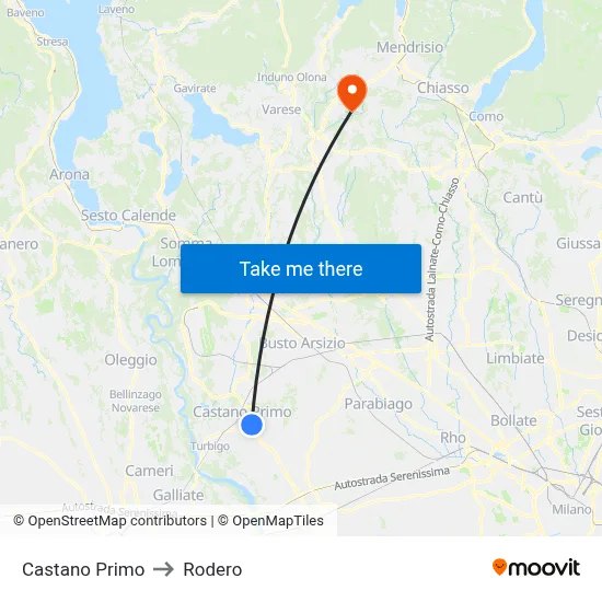 Castano Primo to Rodero map