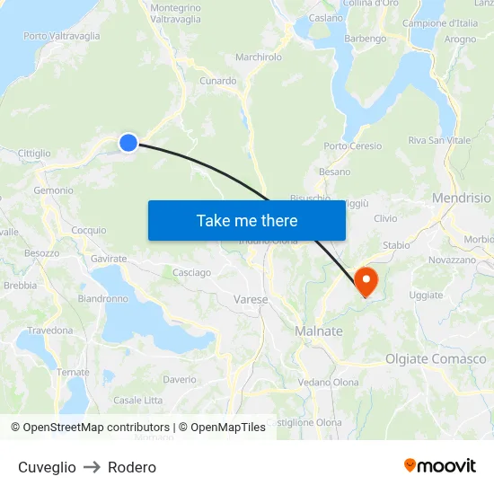 Cuveglio to Rodero map