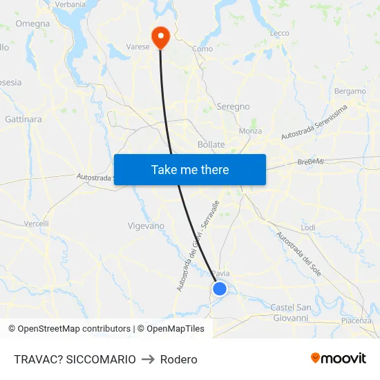 Travacò Siccomario to Rodero map
