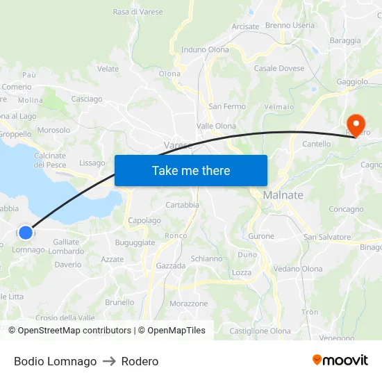 Bodio Lomnago to Rodero map