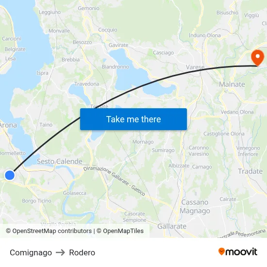 Comignago to Rodero map