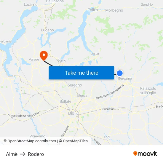 Almè to Rodero map