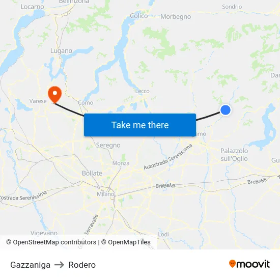 Gazzaniga to Rodero map