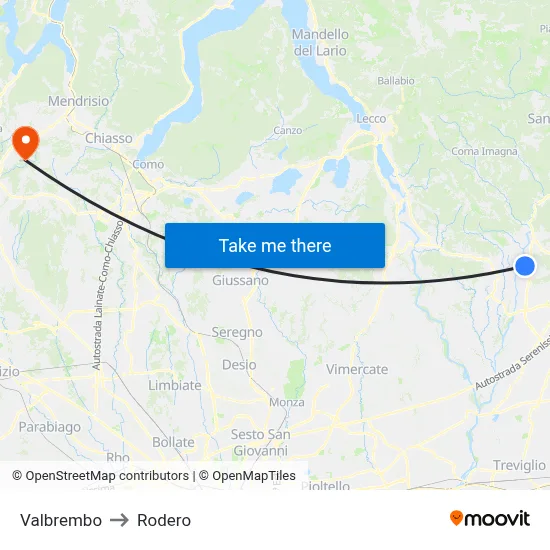 Valbrembo to Rodero map