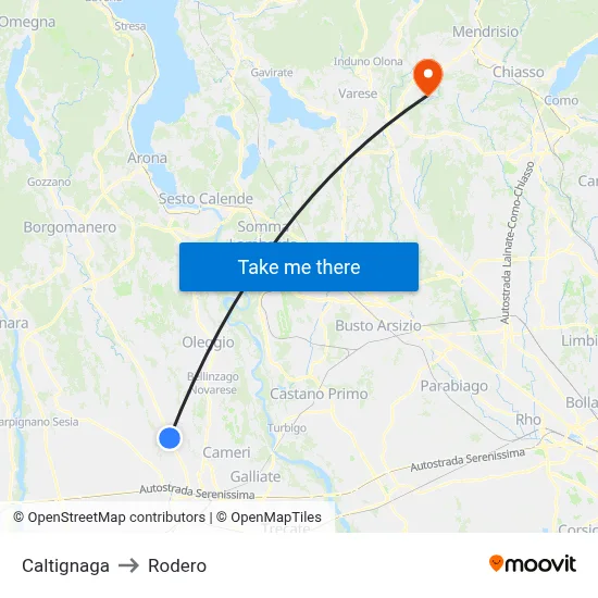 Caltignaga to Rodero map