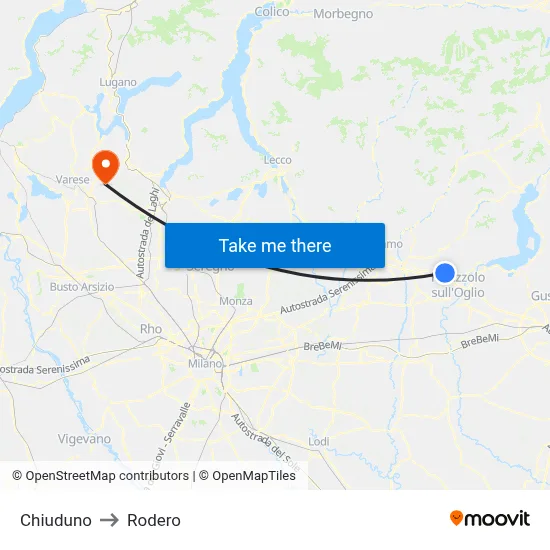 Chiuduno to Rodero map