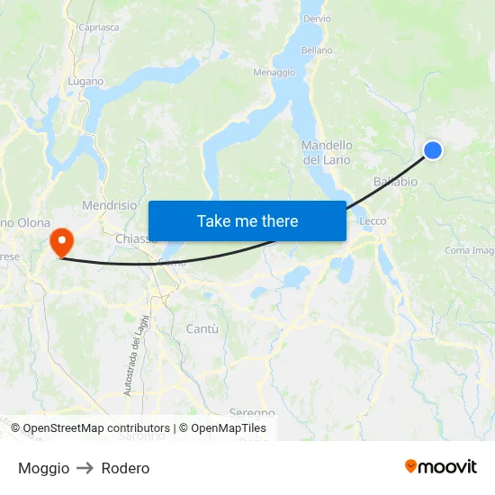 Moggio to Rodero map