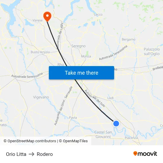 Orio Litta to Rodero map