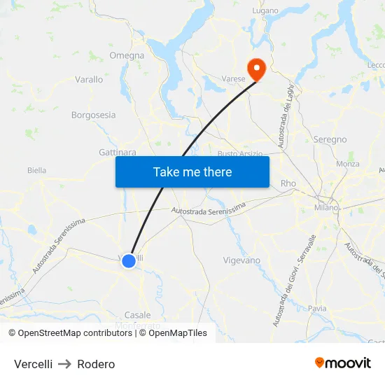 Vercelli to Rodero map