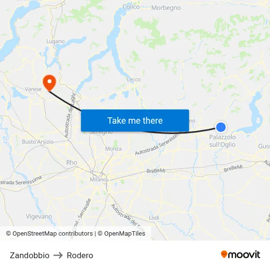 Zandobbio to Rodero map