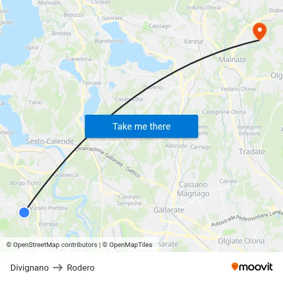 Divignano to Rodero map