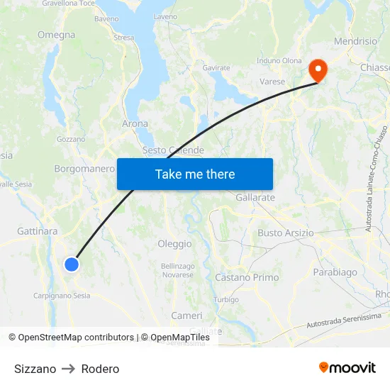 Sizzano to Rodero map