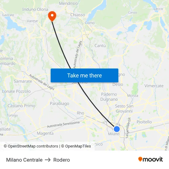 Milan Central to Rodero map