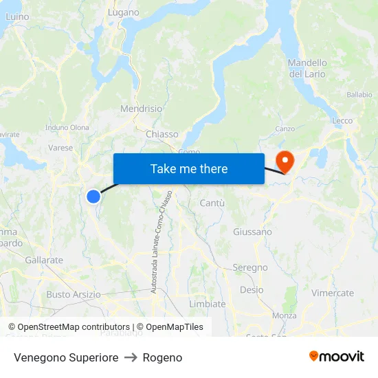Venegono Superiore to Rogeno map