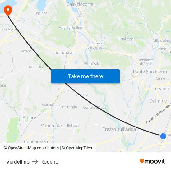 Verdellino to Rogeno map