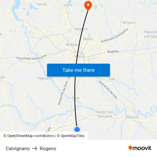 Calvignano to Rogeno map