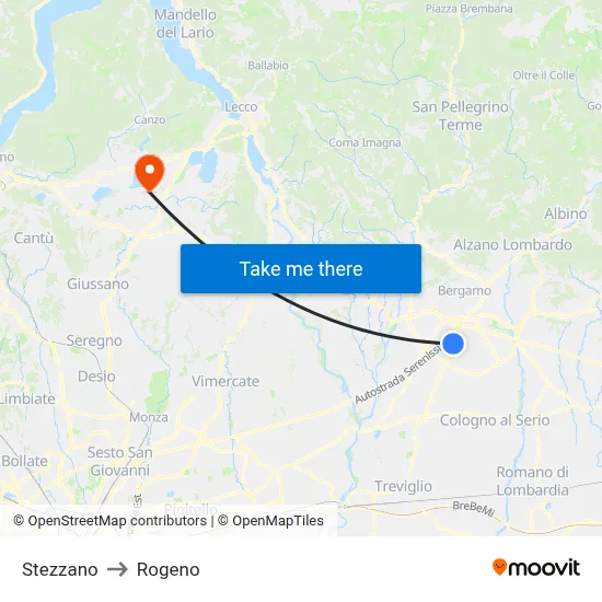 Stezzano to Rogeno map