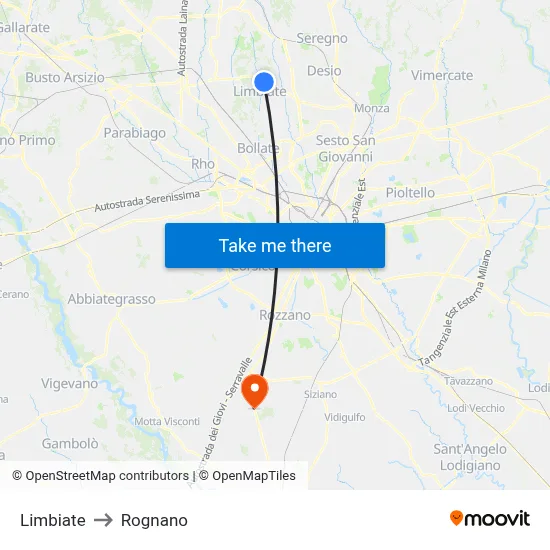 Limbiate to Rognano map