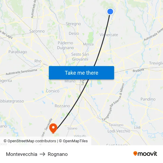 Montevecchia to Rognano map