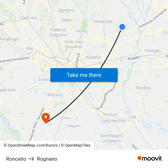 Roncello to Rognano map
