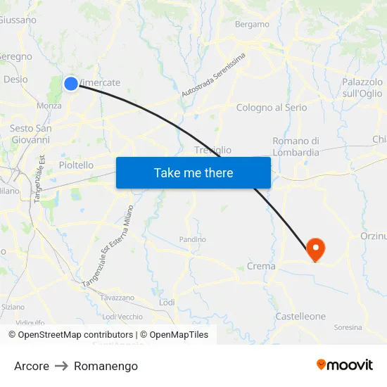 Arcore to Romanengo map