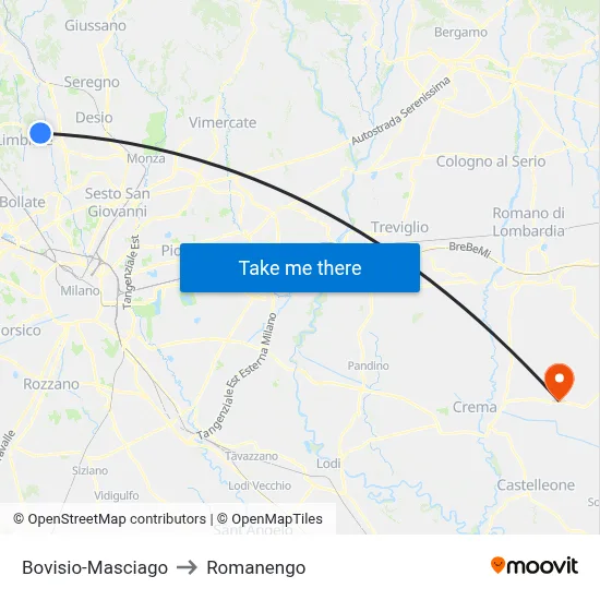 Bovisio-Masciago to Romanengo map