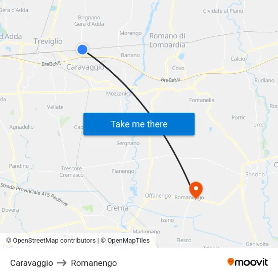 Caravaggio to Romanengo map
