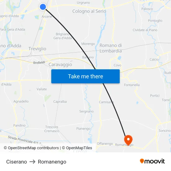 Ciserano to Romanengo map