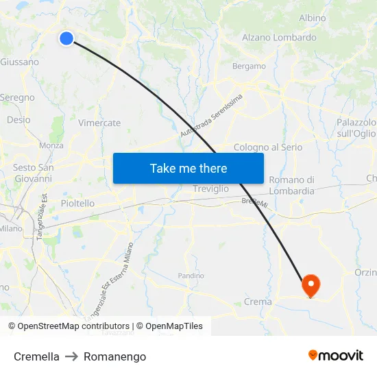 Cremella to Romanengo map