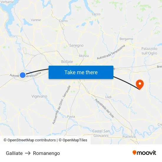 Galliate to Romanengo map